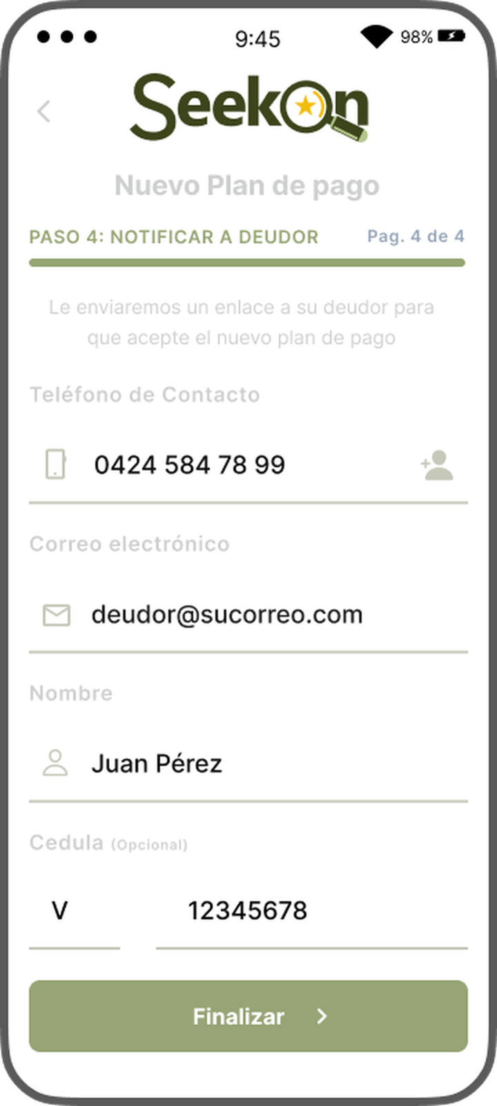 SeekOn — Notificar deudor
